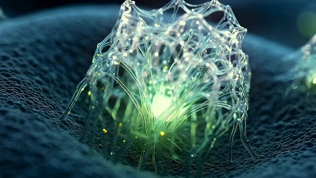 Bioluminescent bud emerging from tissue, Illuminated green sprout from textured surface, Radiant green bud growing from textured tissue with filamentous casing revealing glowing core