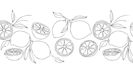 Fototapeta premium Seamless border pattern of line art lemons and leaves in black and white, perfect for design and illustration projects