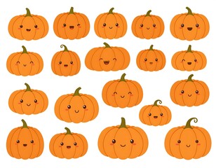A collection of 19 cartoon pumpkins with various facial expressions