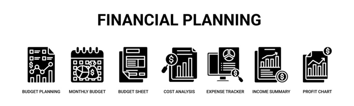 Financial Planning web banner icon vector illustration concept with icon of budget planning, monthly budget, budget sheet, cost analysis, expense tracker, income summary, profit chart. 