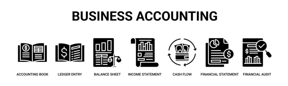 Business Accounting web banner icon vector illustration concept with icon of accounting book, ledger entry, balance sheet, income statement, cash flow, financial statement, financial audit.