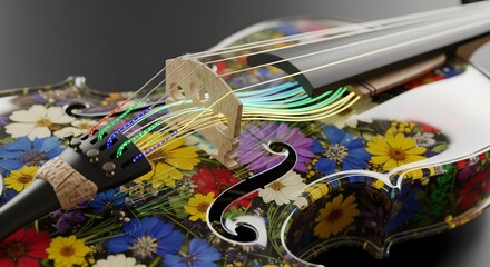 Fototapeta premium Vibrant floral violin with colorful strings and ornate design elements on body showcasing music and art fusion