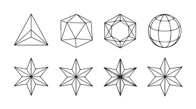 Diverse set of black and white line art geometric shapes, featuring complex polyhedrons, detailed six-pointed stars, and a globe, ideal for abstract design, sacred geometry, or modern graphic elements
