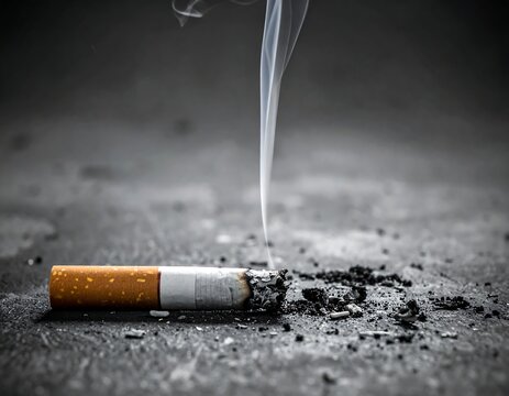 A cigarette butt lies on a dark surface with smoke rising