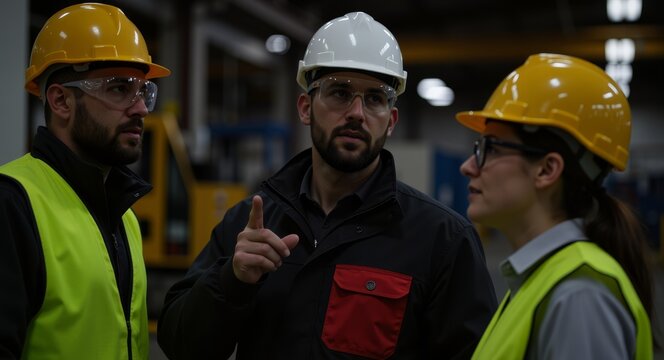 Drei Bauarbeiter und Ingenieure mit Schutzhelmen bei professioneller Besprechung auf der Baustelle, Fokus auf Sicherheit, Teamwork, Planung und moderne Industriearbeit im Au&szlig;enbereich