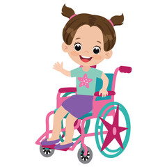 Cute little girl sitting in wheel chair vector cartoon illustration.