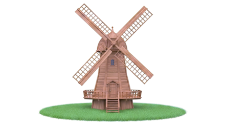 Wooden Windmill on Green Grass