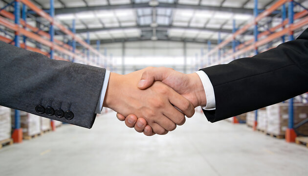 Business handshake in warehouse distribution center logistics supply chain partnership agreement shipping inventory management procurement and trade deal background