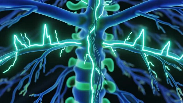 spinal cord with neon electrical waveform overlay, vertebral nerves illuminated in red and cyan, pulsing signal travels along roots and axons in dynamic mapping, ideal for neurotech