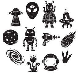Collection of cartoon-style illustrations of aliens, spaceships, and other cosmic elements. © Riki