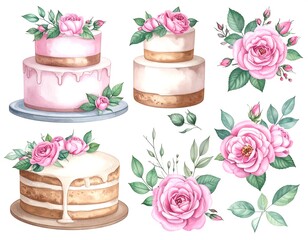 A collection of cakes with pink roses