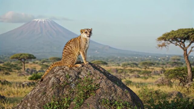 African steppe meerkats and Mount Kilimanjaro