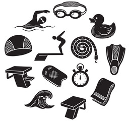Collection of black and white icons representing swimming and water sports equipment and activities. © Riki