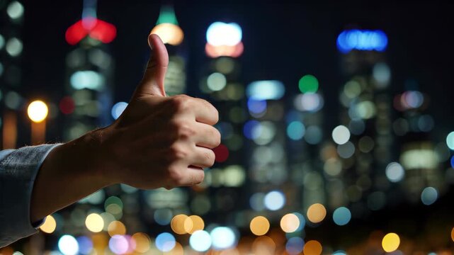 Thumbs-up gesture against a city background at night