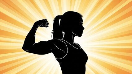 Strong Woman Silhouette Flexing Arm on Orange Sunburst Background