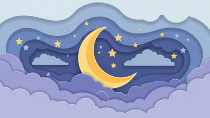 Crescent Moon and Stars in Night Sky with Clouds, Vector Illustration