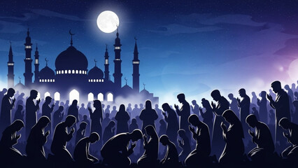 Muslims Praying in Front of Mosque under Full Moon at Night