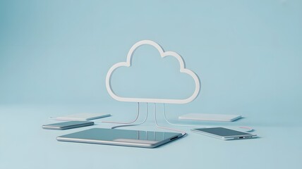 Cloud computing concept with various electronic devices connected to a central cloud icon on a blue background, illustrating data synchronization and digital storage.