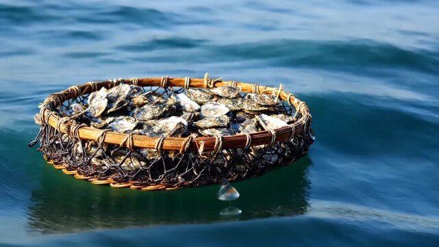 Fresh Oysters in Basket at Seafood Market
