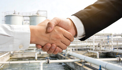 Close up handshake at water treatment plant with tanks and pipelines blurred background utilities partnership operations management engineering agreement