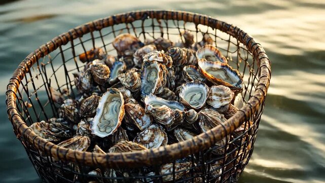 Fresh Oysters in Basket at Seafood Market
