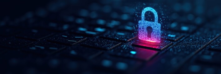 Digital padlock icon illuminating a dark computer keyboard, symbolizing cybersecurity, data protection, and internet privacy