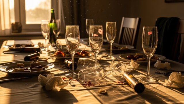 Dining table with empty wine glasses and plates after a meal in a warmly lit room.