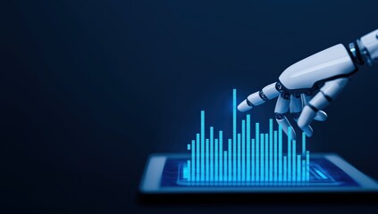 Robot hand touching virtual bar graph on a tablet, symbolizing artificial intelligence processing big data and machine learning
