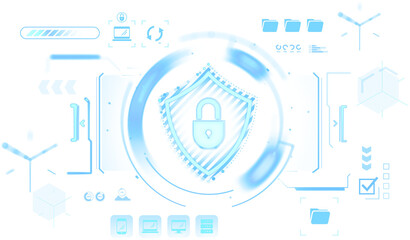 Digital padlock on shield with blue futuristic UI elements, isolated on white background, symbolizing secure technology and data protection concept
