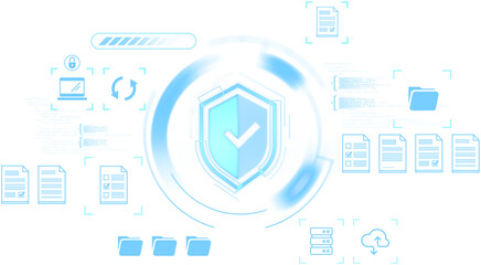 Blue shield with checkmark surrounded by digital file, folder, cloud and server icons in a clean layout on white isolated background, symbolizing data security