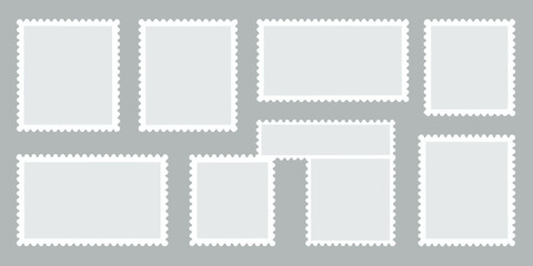 Obraz premium Arrangement of blank rectangular photo frames with decorative edges on a gray background