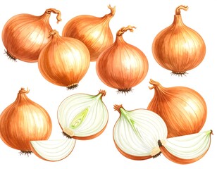 A collection of nine onions, some halved to show white interiors