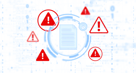 Blue digital document icon with red warning triangles and exclamation marks over a blurred white background with binary code, concept of cybersecurity alert