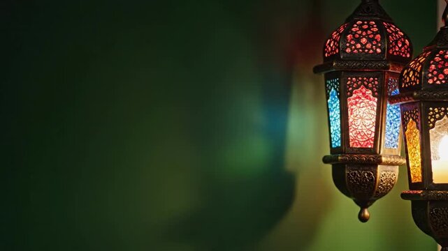 Cinematic 4K Ambient Lighting of Traditional Islamic Lanterns Fanous Hanging Against a Dark Green Ramadhan Background with Copy Space