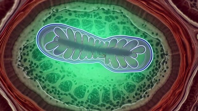 Glowing mitochondrion inside cell highlighting organelle structure and energy production in microscopy style, dynamic cristae visualization with green metabolic glow, cytoplasmic background