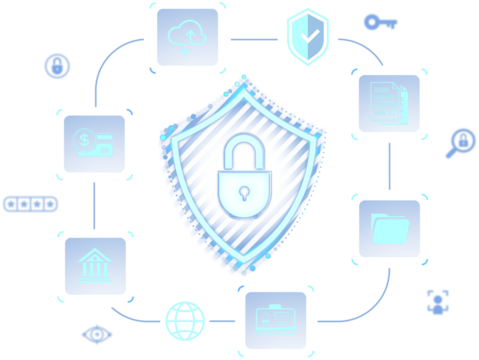 Central padlock and shield icon surrounded by finance, cloud, folder, and identity protection icons in translucent style on white background, concept of digital security - Powered by Adobe