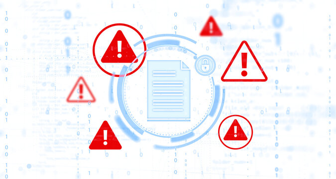 Blue digital document icon with red warning triangles and exclamation marks over a blurred white background with binary code, concept of cybersecurity alert