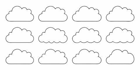 Fototapeta premium Simple black and white line drawing of various cloud shapes arranged in rows