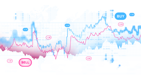 Abstract financial trading chart with pink and blue lines, isolated on white background, showing blurred business concept of market data and decisions