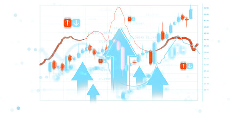 Stock market chart with candlestick patterns, rising arrows, and trend indicators in a glowing graphic style on white background, concept of growth