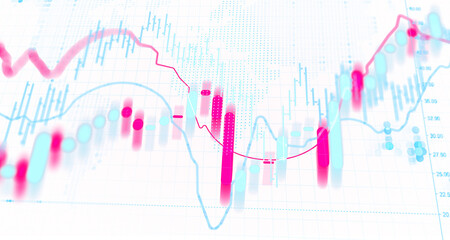 Abstract financial chart with glowing blue and pink candlestick bars, trend lines and data dots in soft focus style on white background for business concept