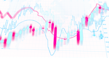 Abstract financial chart with glowing blue and pink candlestick bars, trend lines and data dots in soft focus style on white background for business concept