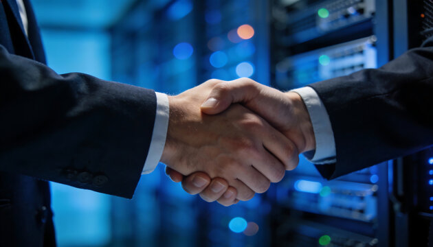 Close up handshake in blue server room with glowing network equipment bokeh lights enterprise technology partnership cybersecurity data protection it services