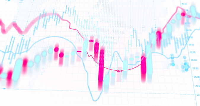 Abstract financial chart with glowing blue and pink candlestick bars, trend lines and data dots in soft focus style on white background for business concept - Powered by Adobe