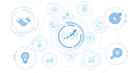Business ROI concept with circular blue infographic icons like target, graph, handshake, and dollar on a white background, symbolizing financial strategy