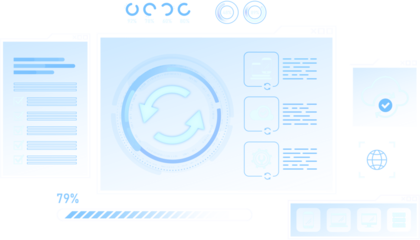 Futuristic digital interface with sync icon, progress bars, and dashboard UI elements in soft blue tones on a white background, concept of data synchronization