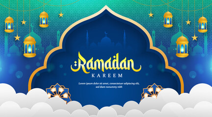 Islamic Ramadan Kareem Background with Blue and Gold Ornament