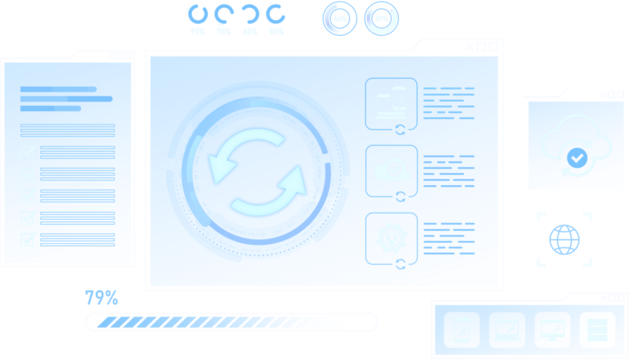Futuristic digital interface with sync icon, progress bars, and dashboard UI elements in soft blue tones on a white background, concept of data synchronization - Powered by Adobe