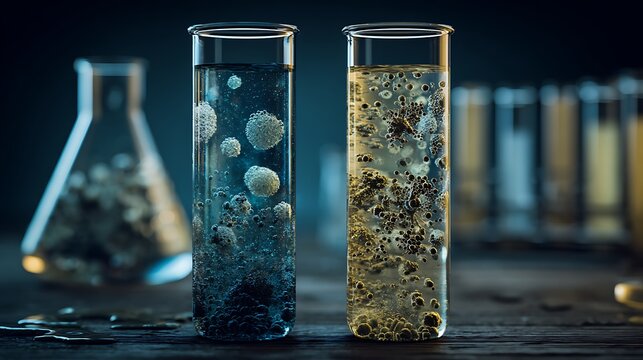 Clean water sample versus polluted water under microbiology visualization, laboratory glassware, scientific research mood,