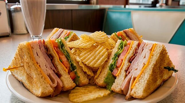 Classic diner club sandwich platter with crinkle-cut chips for lunch club sandwich deli sandwich, lunch meal.